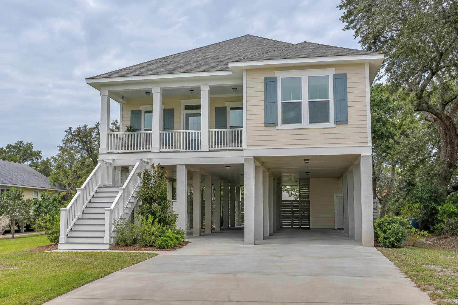 Photorealistic illustration of an elevated Alabama Gulf Coast home with natural landscaping