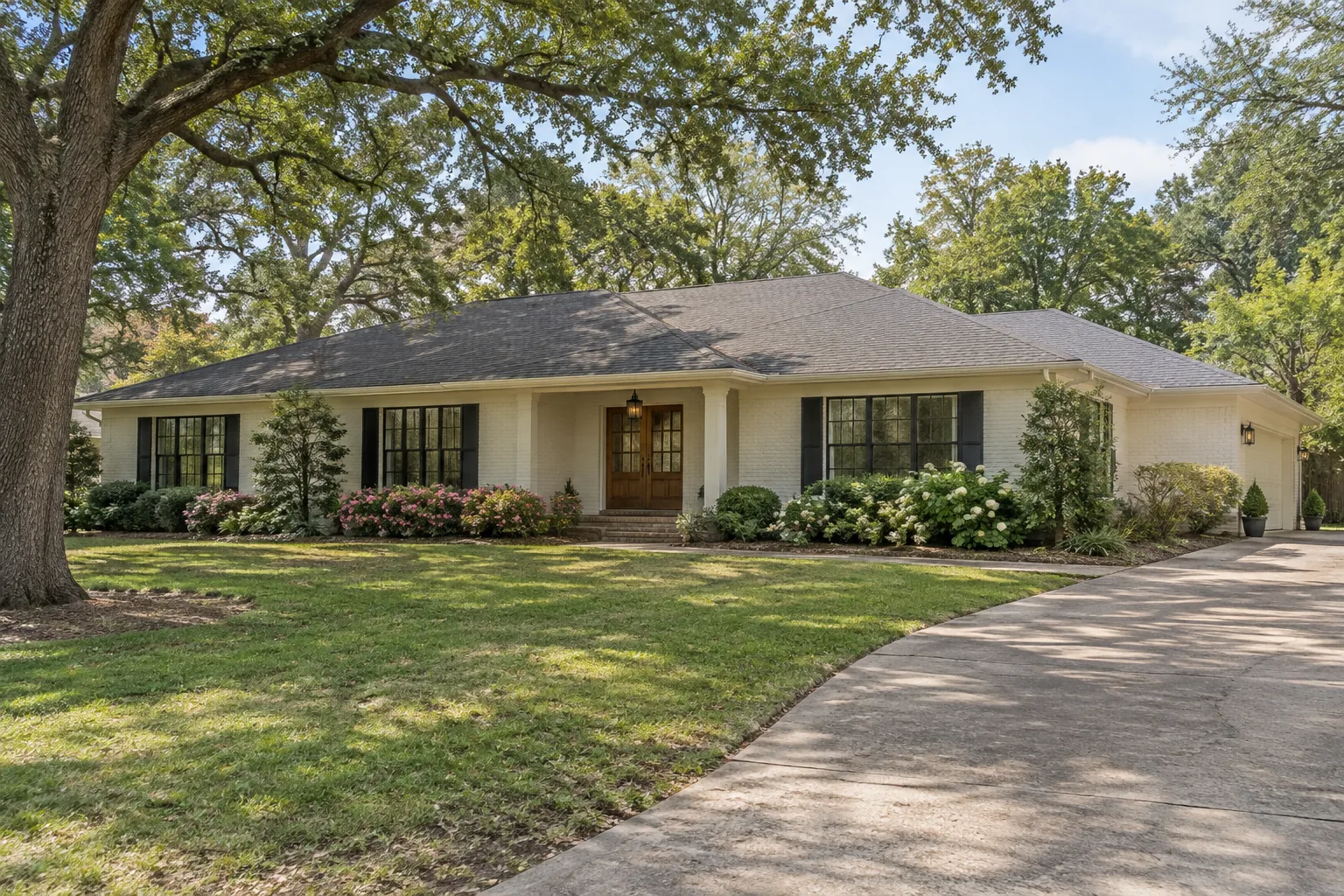 Photorealistic illustration of an established inland Alabama home beneath mature trees